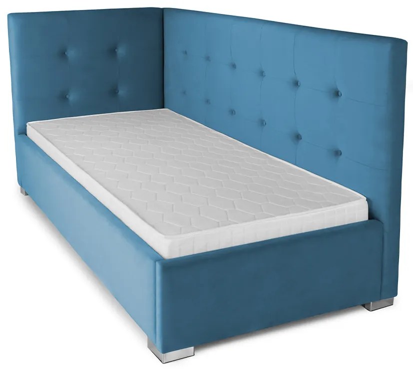 Pat Tapițat Lille de colț, cu somieră rabatabilă și ladă depozitare, Swing-Albastru / Stanga / 120x200