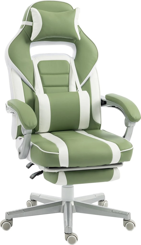 HOMCOM Scaun Gamer Reclinabil cu Înălțime Reglabilă Suport pentru Picioare Retractabil Suport Lombar și Tetieră Detașabilă Verde | Aosom Romania
