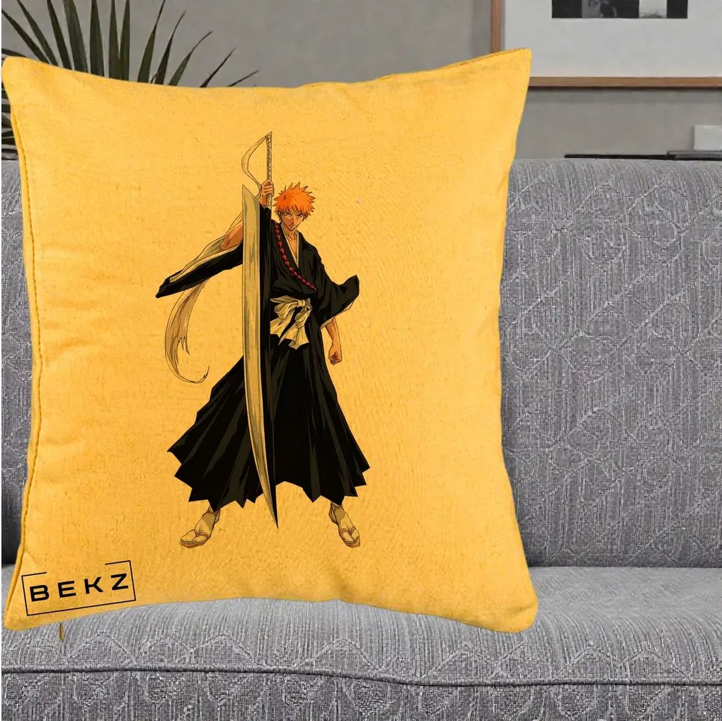 Perna Personalizata Bleach Ichigo Kurosaki Zangetsu, 40x40 cm, Galben, Husa Detasabila, Perna Inclusa, BEKZ®