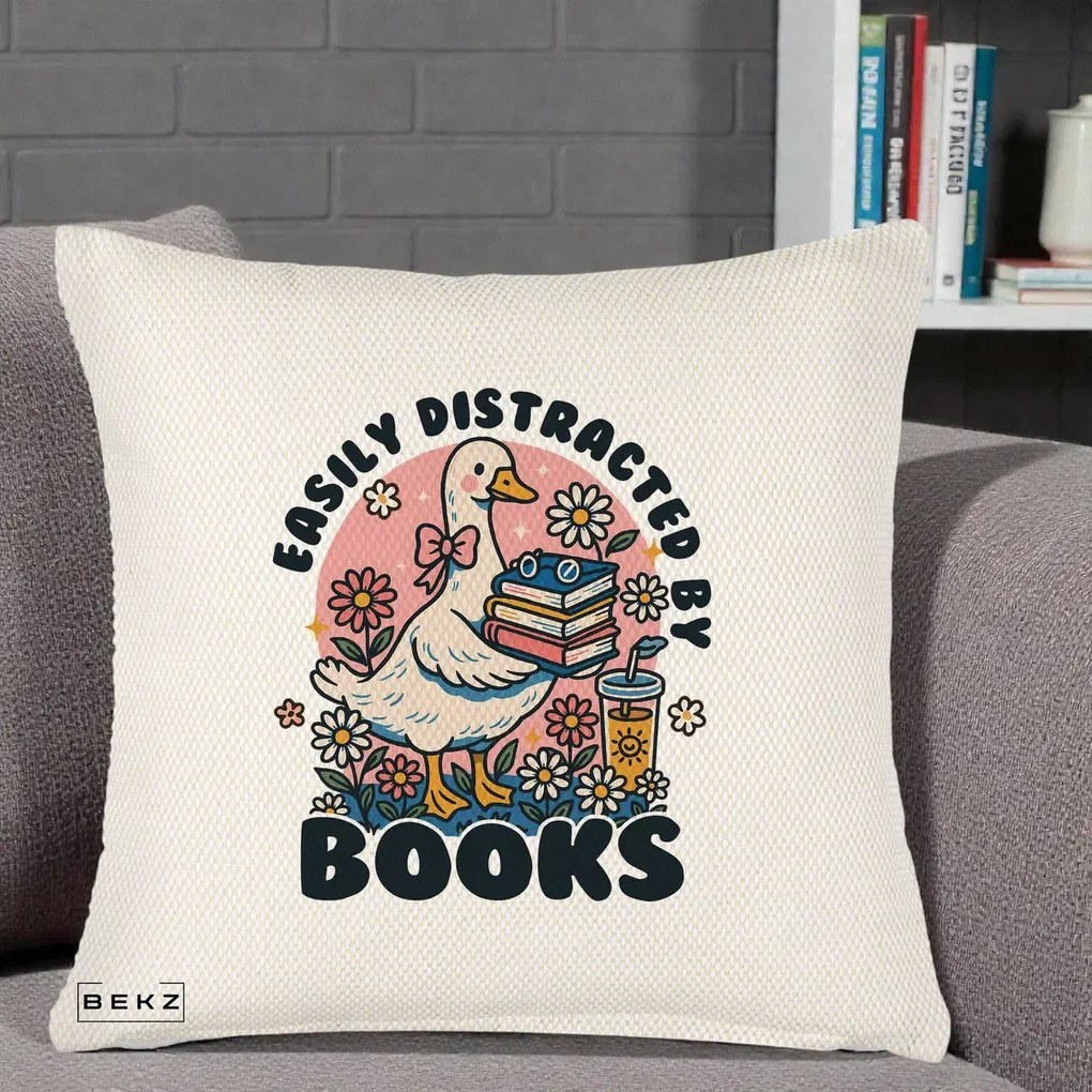 Perna Personalizata Easily Distracted by Books, 40x40 cm, Crem Reliefat, Husa Detasabila, Perna Inclusa, BEKZ®