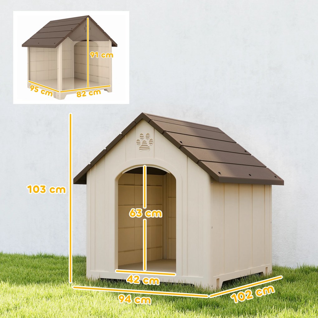 PawHut Căsuță pentru Câini de Exterior, Talie Mare și XL, Adăpost din Plastic Impermeabil cu Bază Ridicată, Ferestre și Acoperiș Înclinat pentru Grădină, Terasă, Curte, 102x94x103 cm, Bej | Aosom Romania