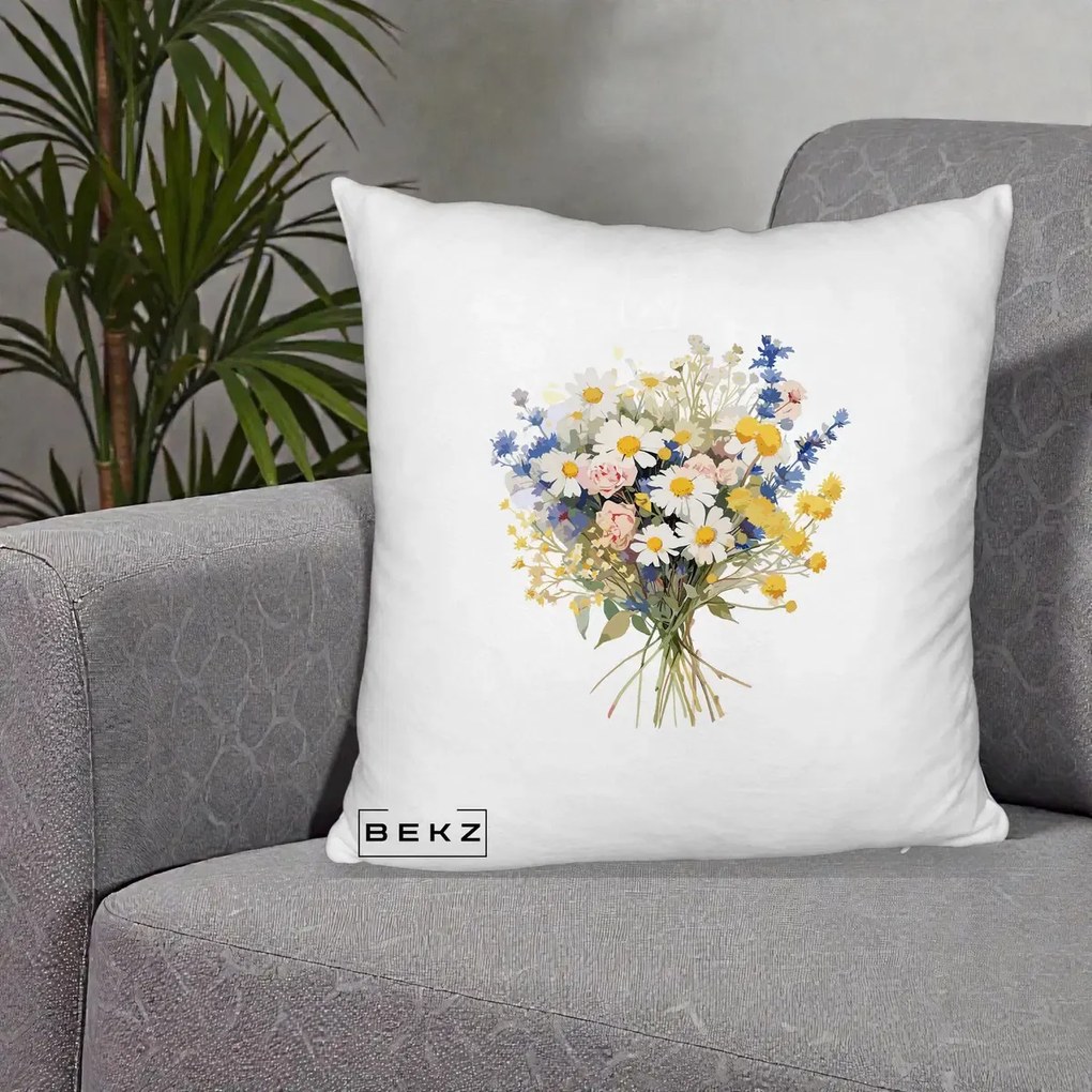 Perna Decorativa Buchet Camp Acuarela Margarete-Lavanda, 40x40 cm, Alb Pufos, Husa Detasabila, Perna Inclusa, BEKZ®