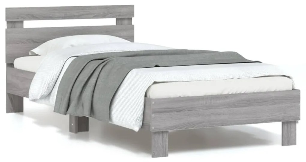 vidaXL Cadru de pat cu tăblie și lumini LED, gri sonoma, 90x190 cm