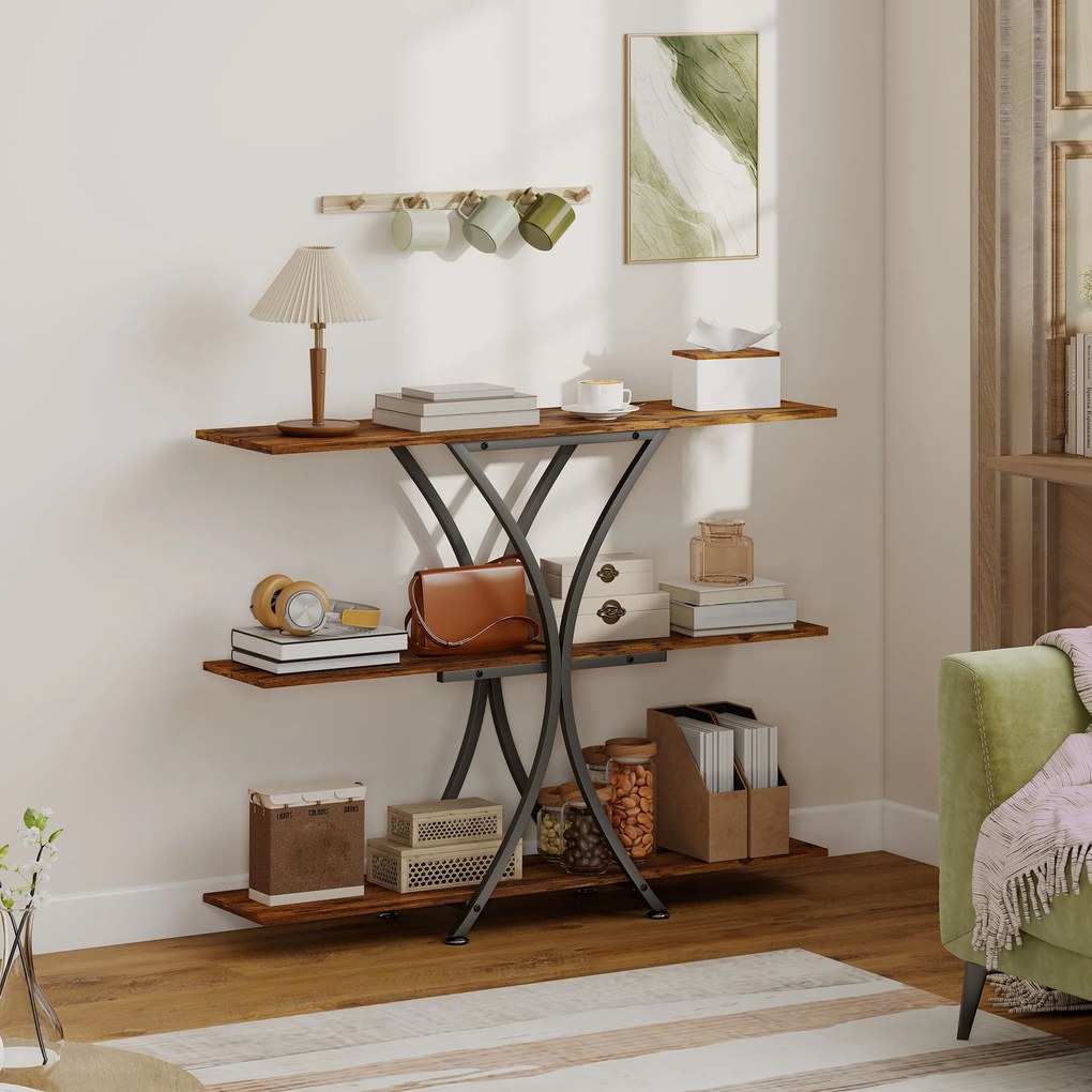 HOMCOM Masă Consolă Masă pentru Canapea cu 2 Polițe Deschise și Cadru Metalic în X Stil Industrial Maro Rustic | Aosom Romania
