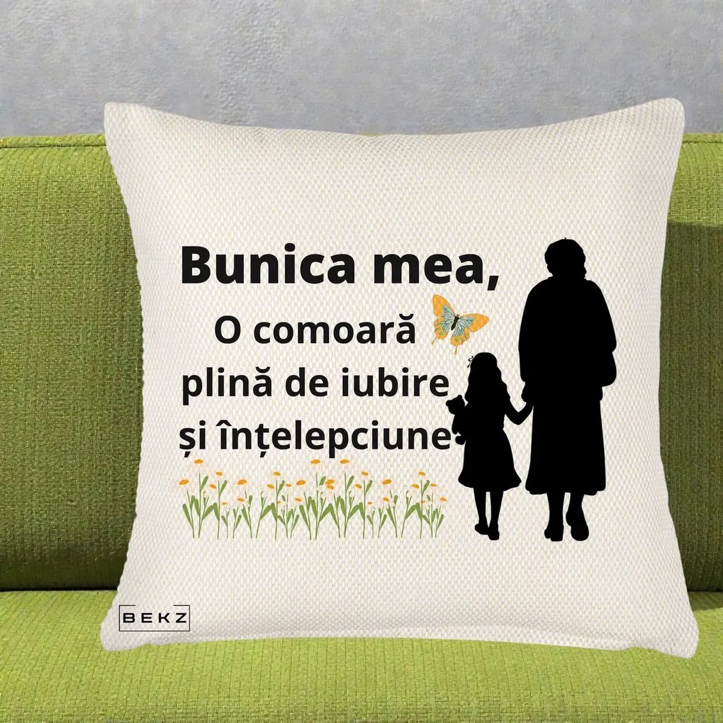 Cadou pentru Bunica - Perna Personalizata Bunica Mea Comoara Iubire Intelepciune Varianta Extinsa, 40x40 cm, Crem Reliefat, Husa Detasabila, Perna Inclusa, BEKZ®