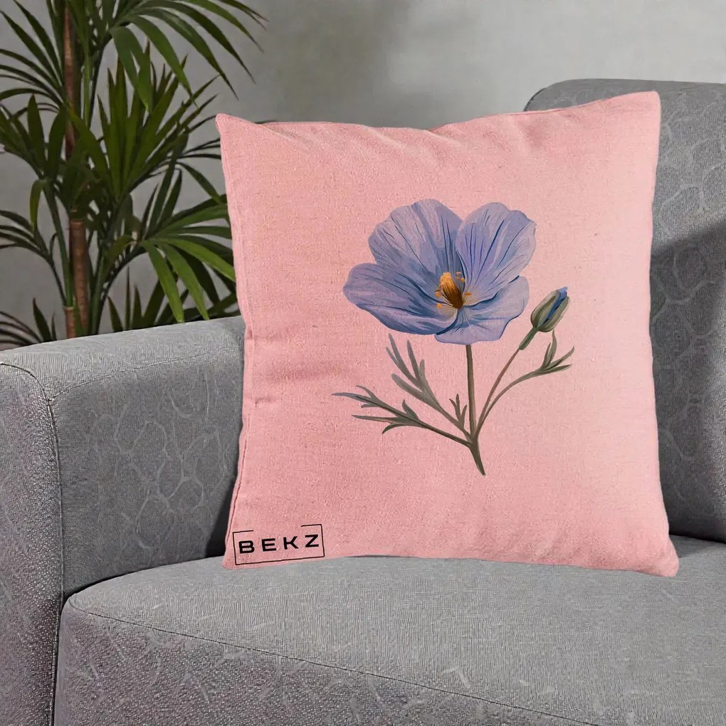 Perna Decorativa Mac Albastru Acuarela, 40x40 cm, Roz, Husa Detasabila, Perna Inclusa, BEKZ®