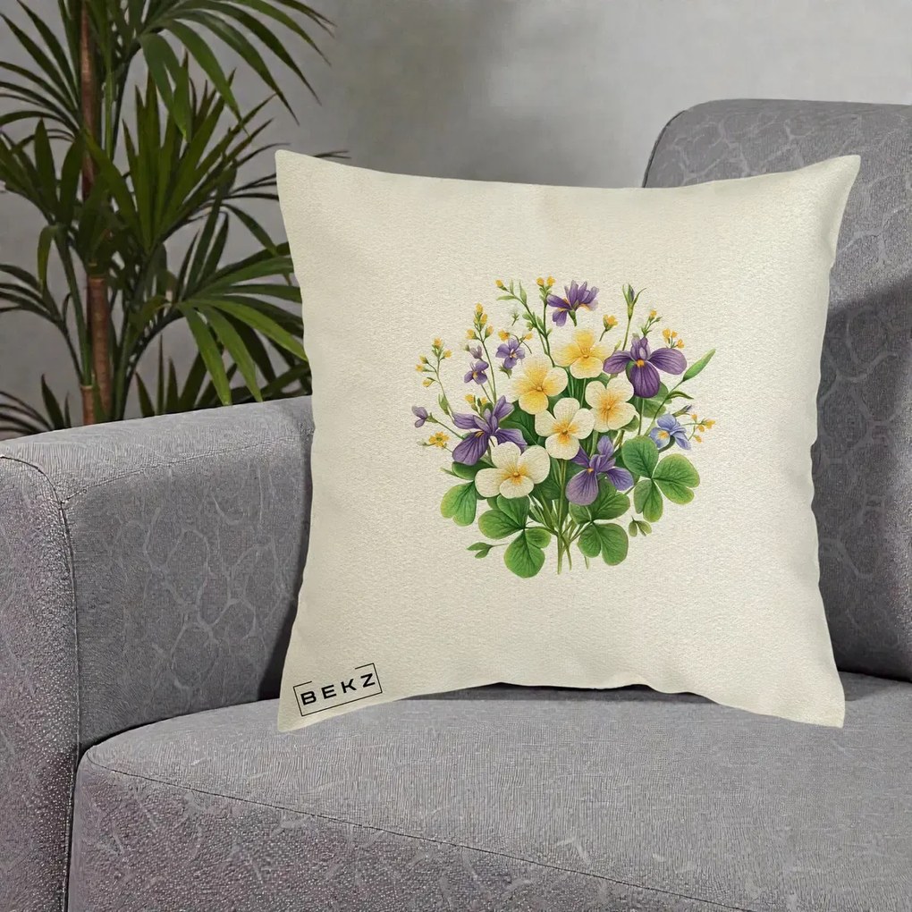 Perna Decorativa Viorele Iris Violet si Trifoi, 40x40 cm, Ecru, Husa Detasabila, Perna Inclusa, BEKZ®