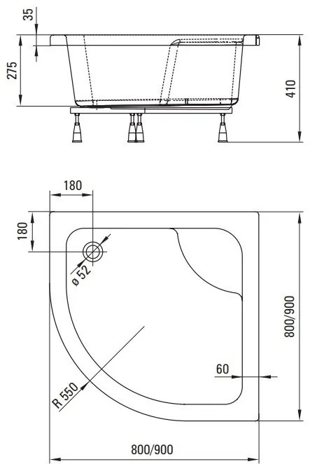 Cadita dus semirotunda Deante Deep alb 90x90 cm