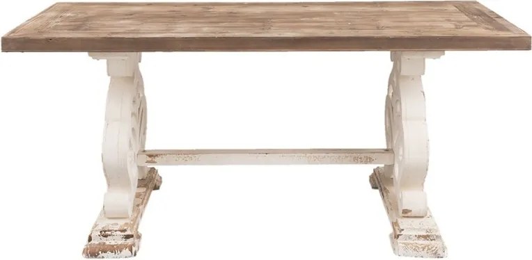 Masă dining shabby chic dreptunghiulară din lemn, natur, 8 locuri, cu bază ajurată, finisaj alb antichizat, 82 x 180 x 90 cm, „Madeleine”
