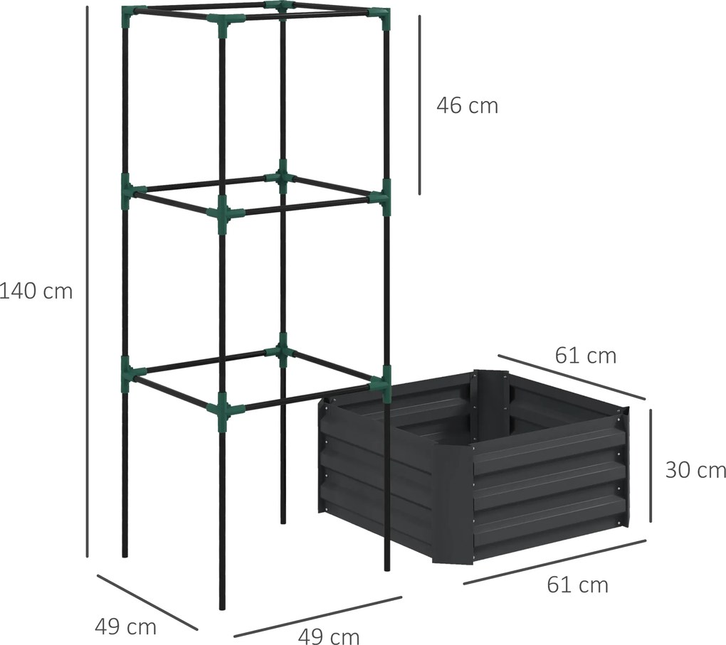 Outsunny Pat înălţat cu spalier cutie de plantare cu suport, fund deschis, rezistent la intemperii, 61 cm x 61 cm x 140 cm, Gri închis | Aosom Romania