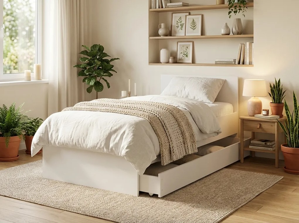 Pat ELISA 90 x 200 cm, alba Saltele: Cu saltele Coco Maxi 20 cm, Somiera pat: Cu lamele drepte