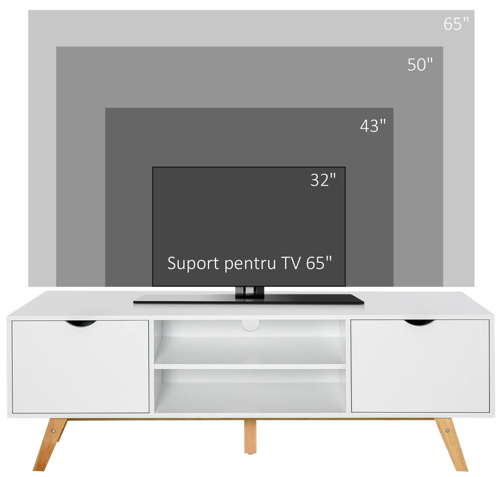 HOMCOM Comoda TV max 65" din PAL si MDF alb cu 2 dulapuri laterale 2 rafturi centrale deschise, 150x39x50 cm | Aosom Romania