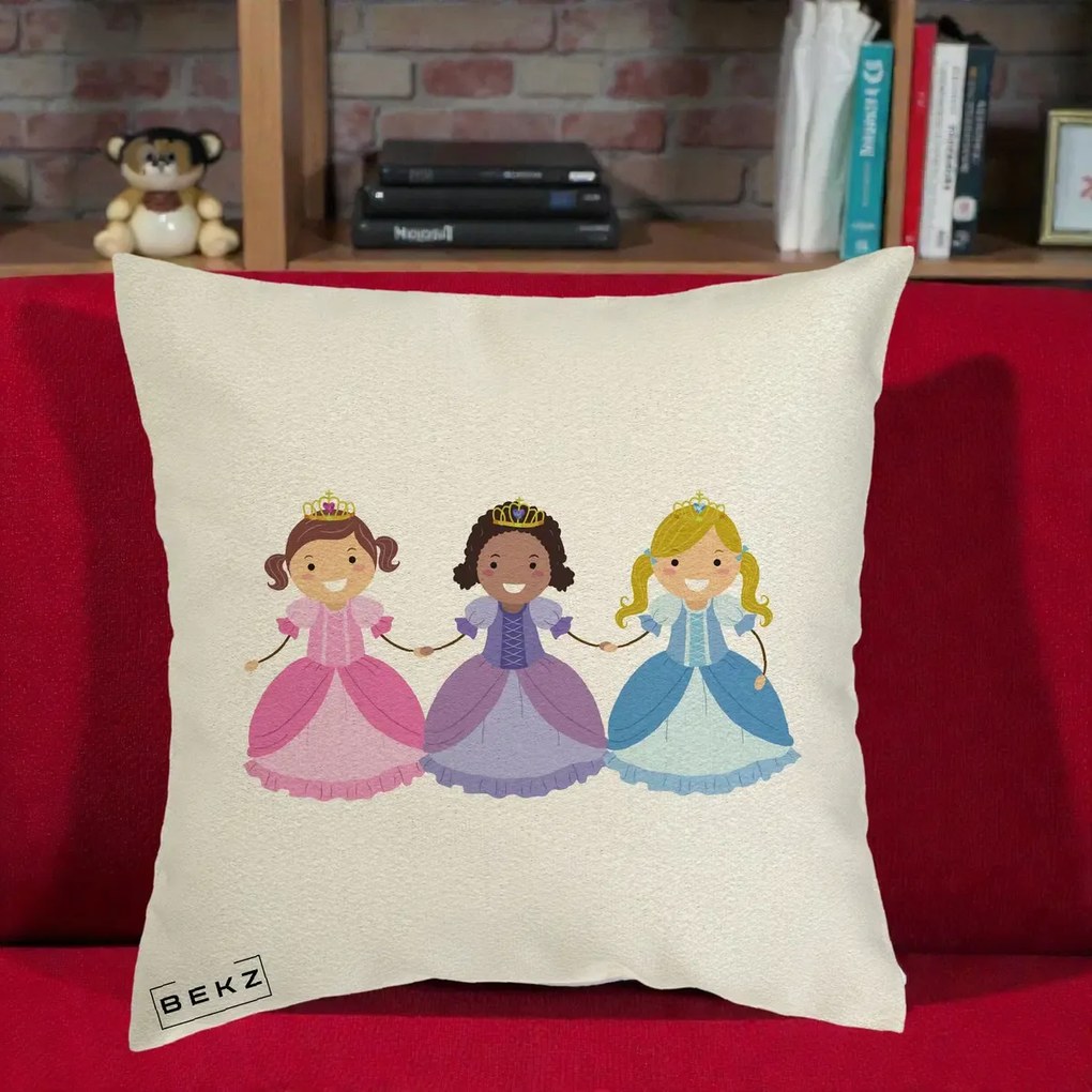 Perna Personalizata Printese Diverse Ilustratie, 40x40 cm, Ecru, Husa Detasabila, Perna Inclusa, BEKZ®