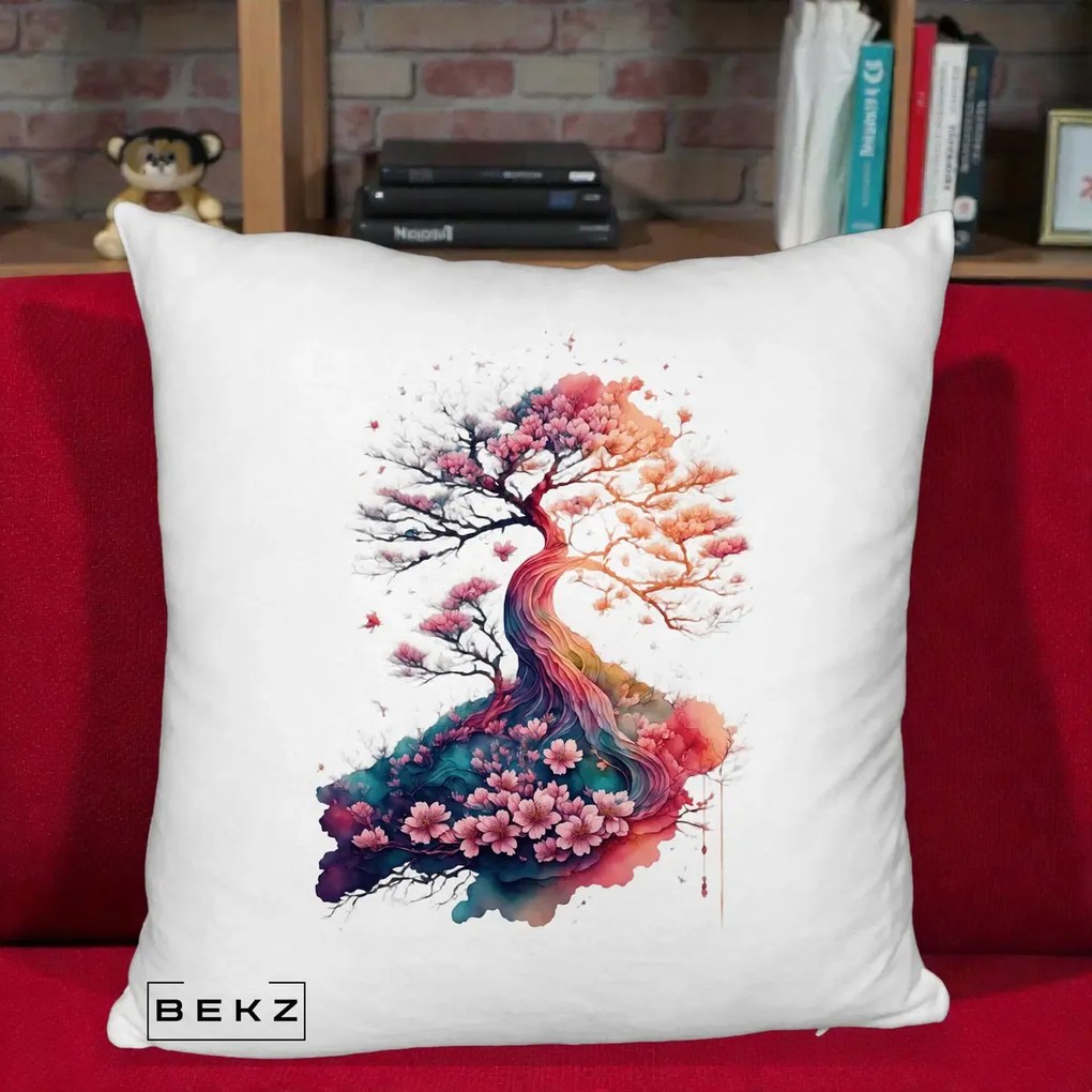 Perna Decorativa Copac Sakura Acuarela Fantasy, 40x40 cm, Alb Pufos, Husa Detasabila, Perna Inclusa, BEKZ®