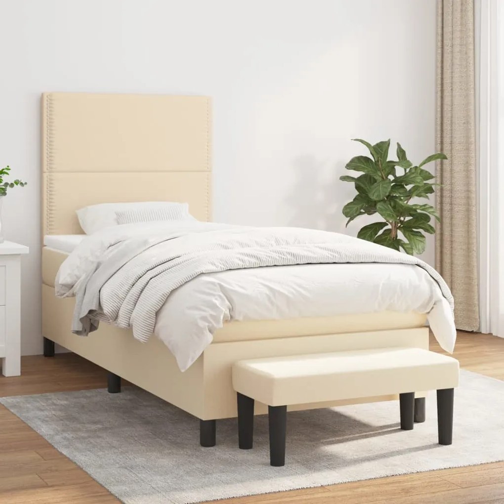 vidaXL Pat box spring cu saltea, crem, 90x200 cm, textil