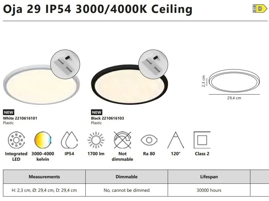 Plafoniera slim LED Oja 29 IP54 3000/4000K alb