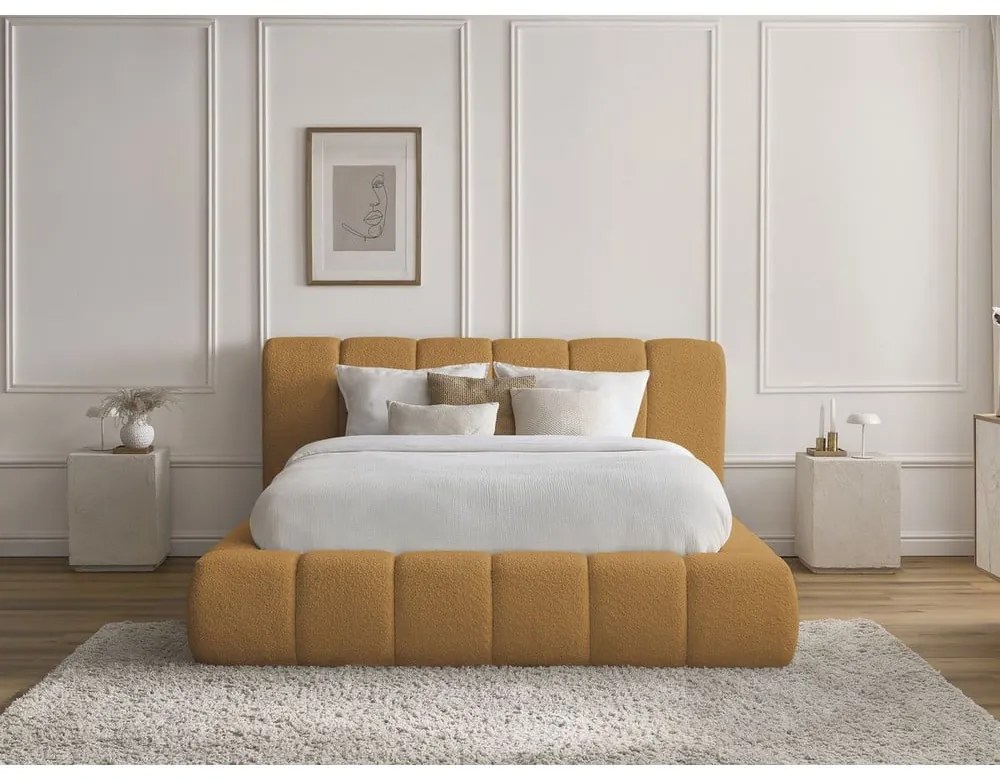 Pat matrimonial galben muștar tapițat cu spațiu de depozitare cu somieră 160x200 cm Denali – Bobochic Paris