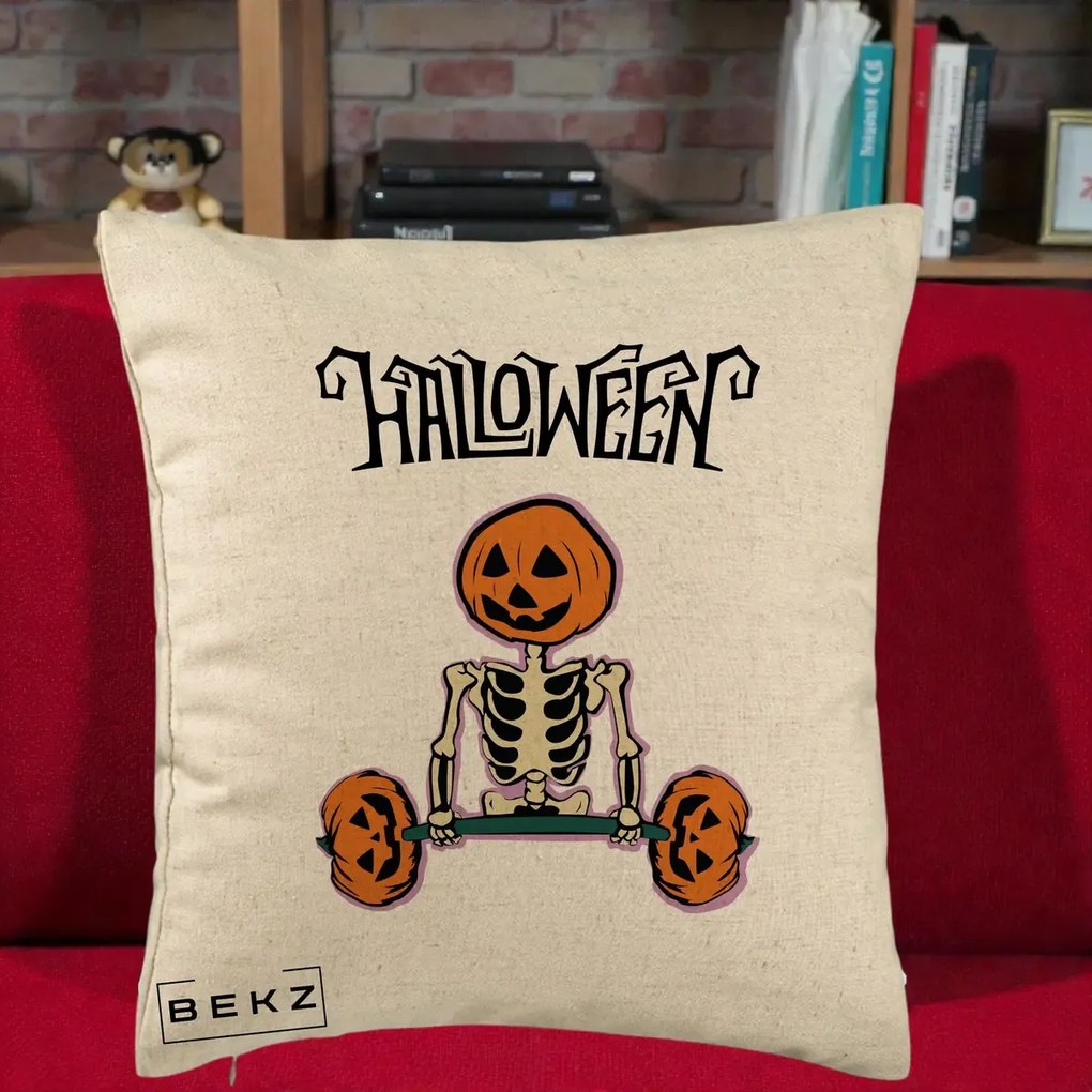 Perna Decorativa Halloween Schelet cu Cap de Dovleac Powerlifting, 40x40 cm, Bej, Husa Detasabila, Perna Inclusa, BEKZ®