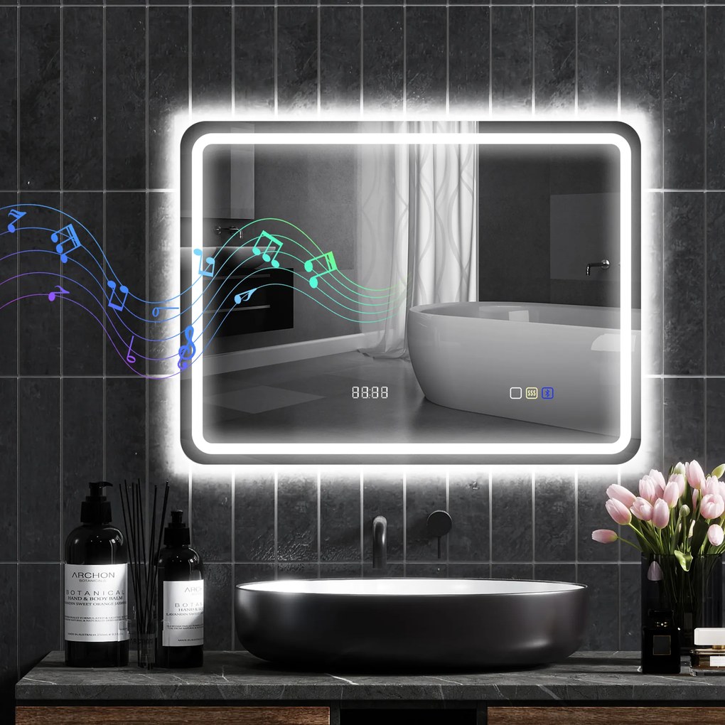 HOMCOM Oglindă de Baie LED cu Bluetooth, Iluminare Reglabilă și Funcție de Memorare, din Sticlă Securizată, 80 x 2.9 x 60 cm | Aosom Romania