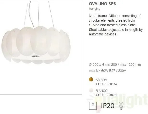 Lustra, Pendul modern inaltime reglabila, diam.55cm OVALINO SP8 BIANCO 090481