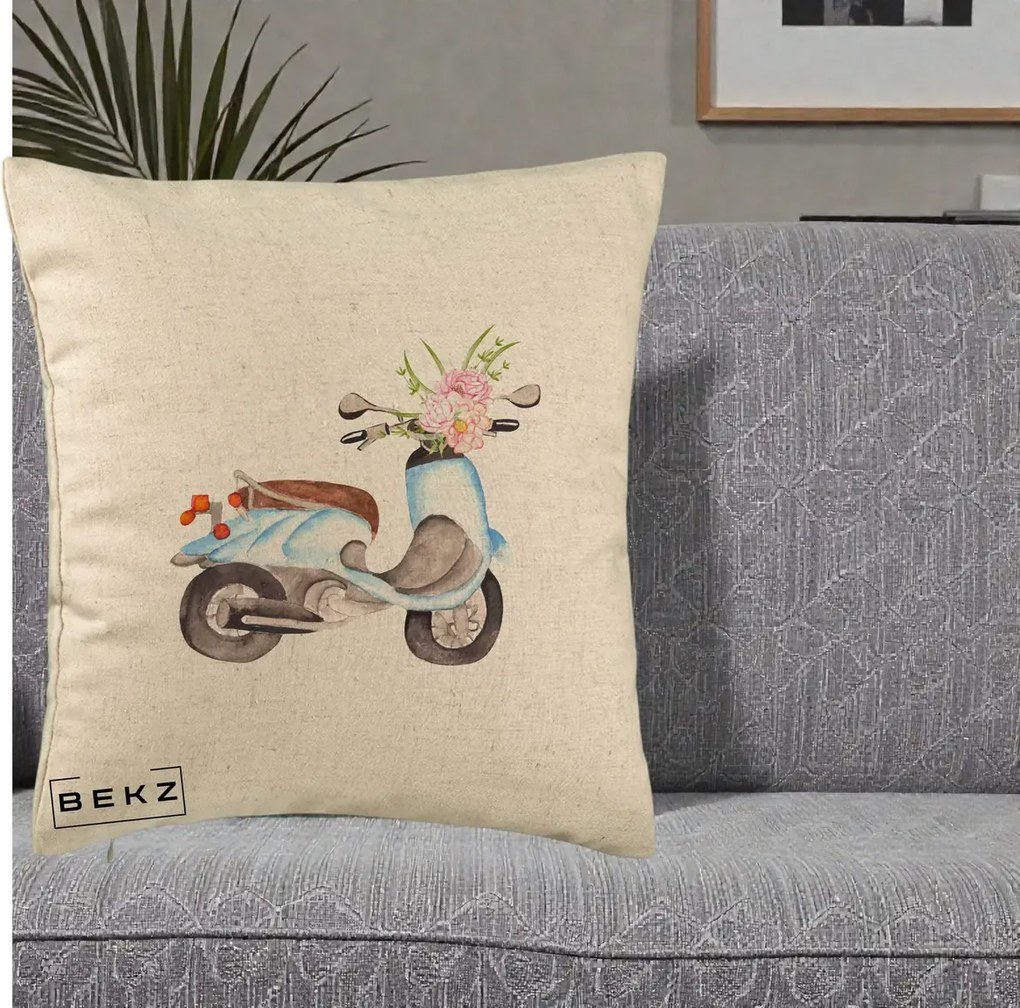 Perna Decorativa Scuter Albastru cu Flori Acuarela, 40x40 cm, Bej, Husa Detasabila, Perna Inclusa, BEKZ®