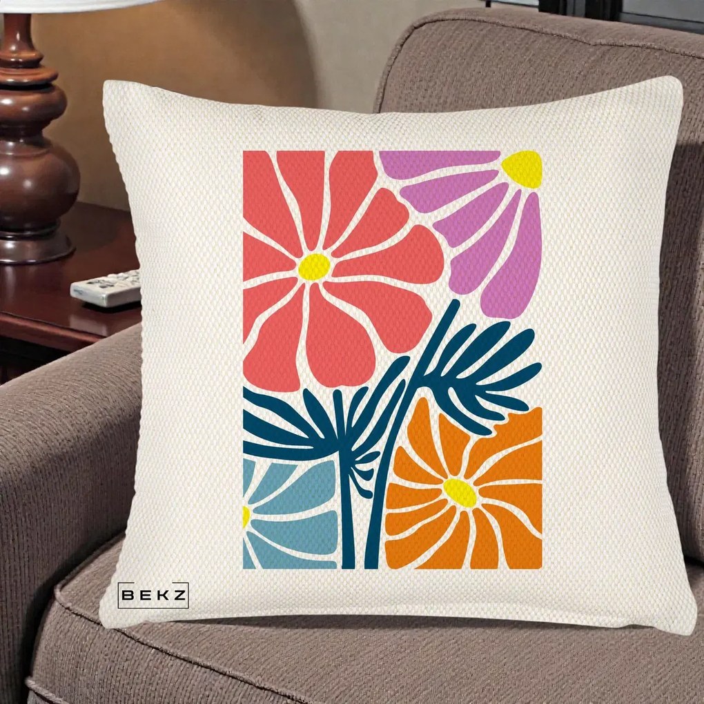 Perna Decorativa Flori Grafice Roz-Orange-Albastru, 40x40 cm, Crem Reliefat, Husa Detasabila, Perna Inclusa, BEKZ®
