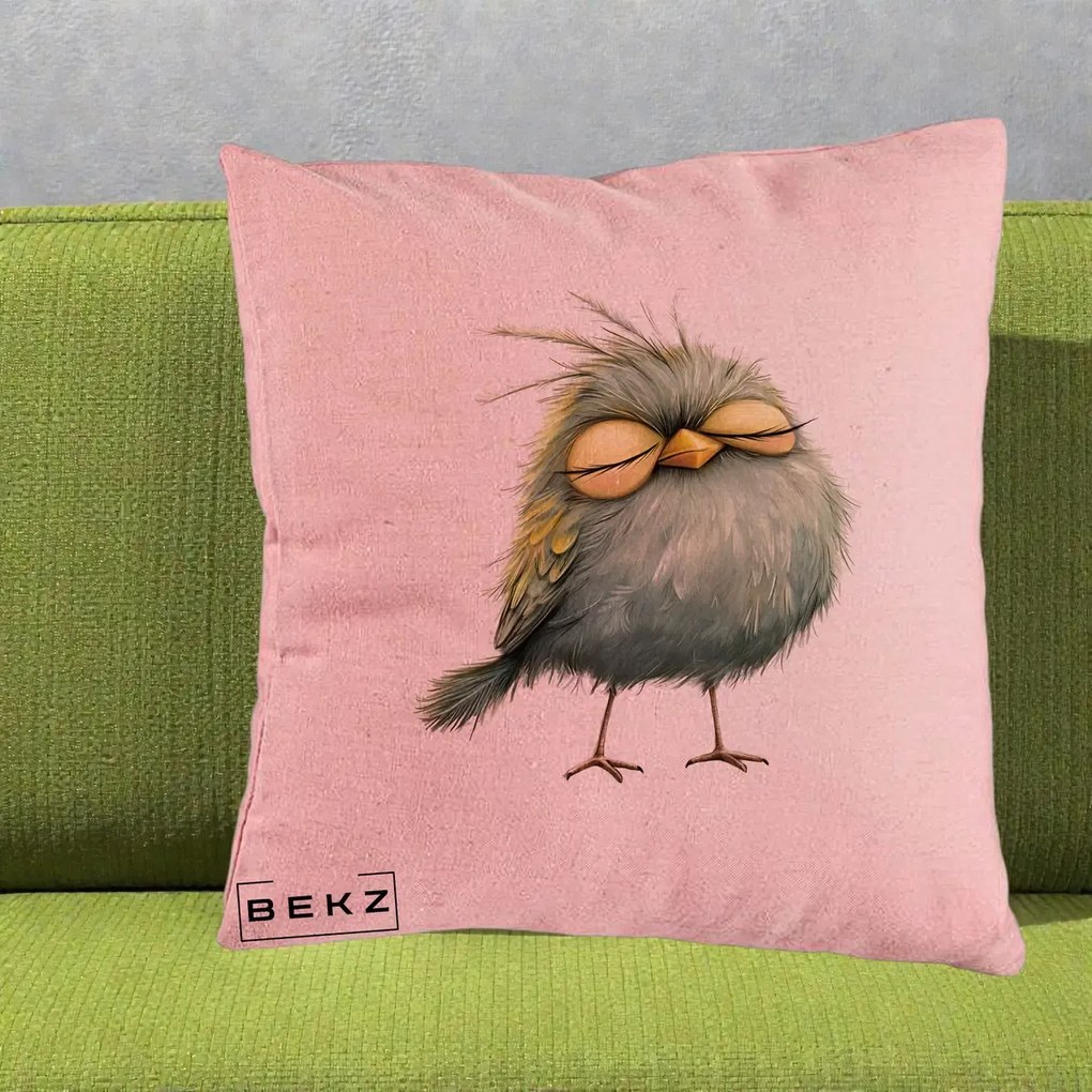 Perna Decorativa Pasare Teal Adormita cu Ochi Galbeni, 40x40 cm, Roz, Husa Detasabila, Perna Inclusa, BEKZ®