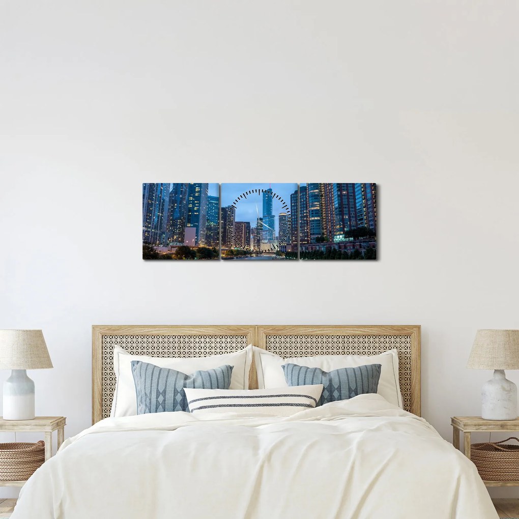 Tablou oraș nocturn (cu ceas) (90x30 cm)