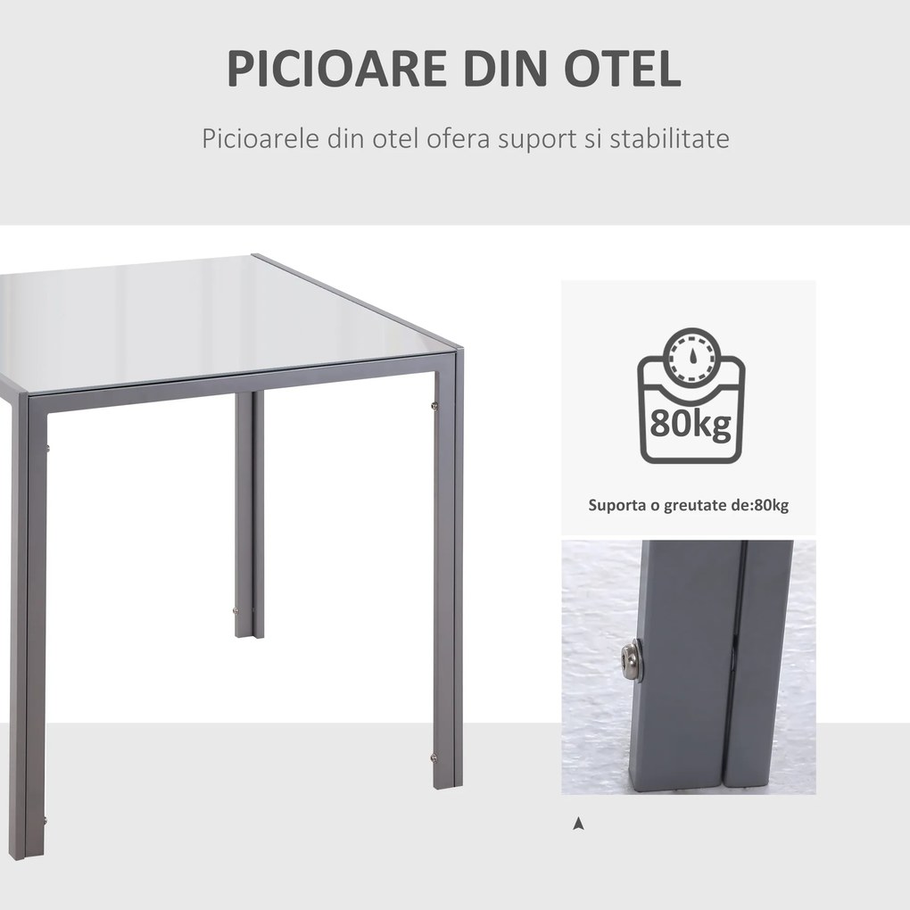 HOMCOM Masă Bucătărie pentru 4 Persoane din Metal și Sticlă Securizată, 75x75x75 cm, Gri | Aosom Romania