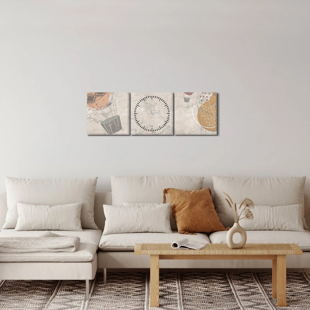 Tablou - Baloane deasupra orașului, nuanțe reci (cu ceas) (90x30 cm)