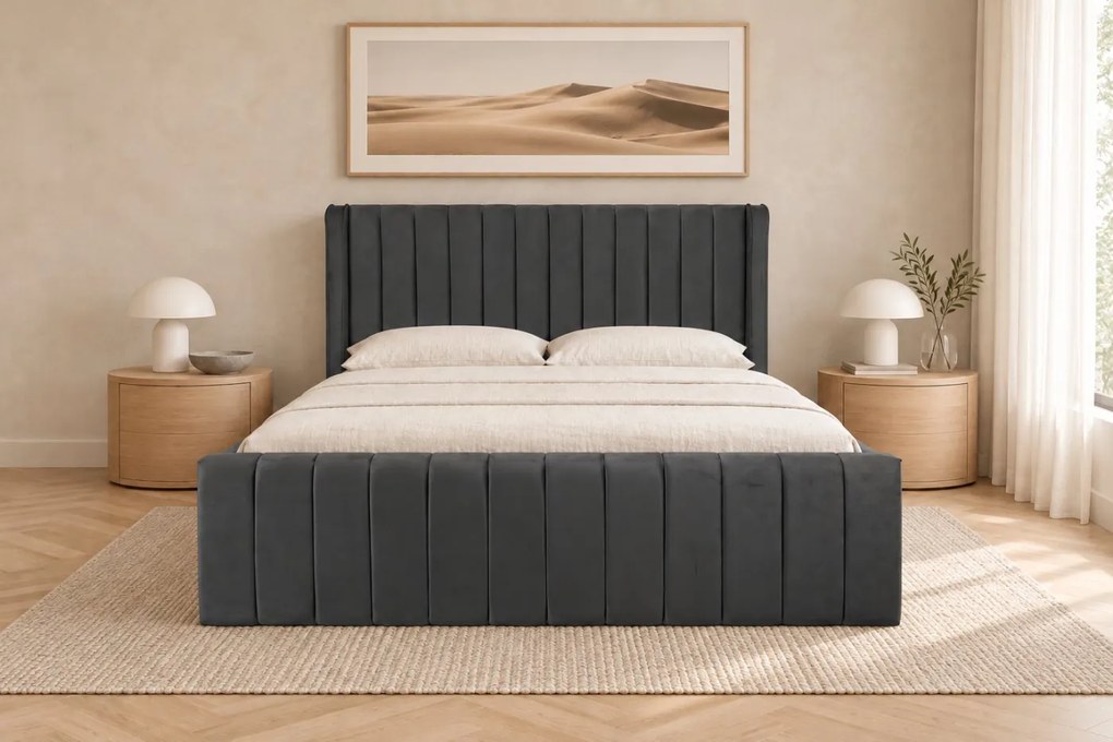 Pat tapițat din catifea Aurelia Simple 180×200 cm, gri închis, cu ladă de depozitare