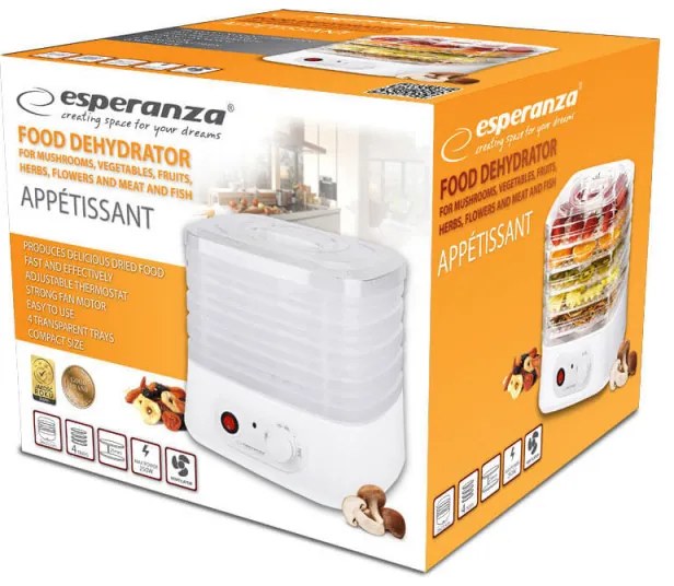 Uscator de fructe si legume Esperanza EKD004, 250W, 5 nivele, potrivit pentru ciuperci, carne și ierburi, alb