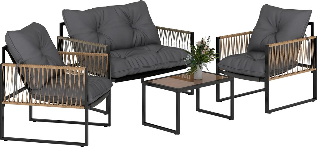 Outsunny Set mobilier grădină, 4 piese, canapea, 2 scaune, masă cu blat din sticlă, cadru metalic, polyratan, antracit | Aosom Romania