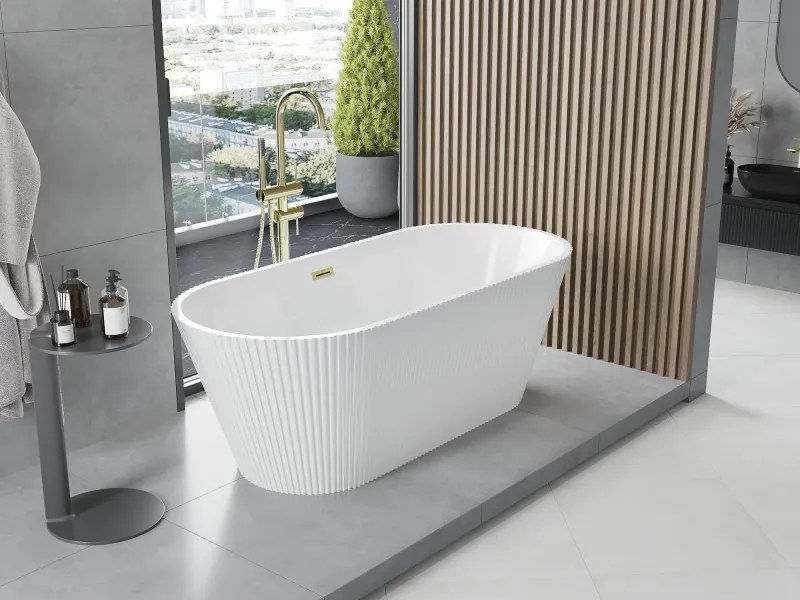 Mexen Yara cadă de baie freestanding canelată 170 x 75 cm, albă, preaplin auriu periat - 52861707500-55