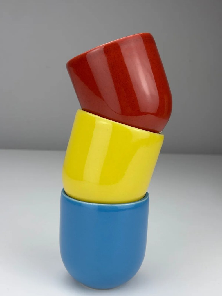 Set 3 Pahare Novum, Culorile Romaniei (Rosu, Galben, Albastru), 250ml, Gresie Ceramica Glazurata Manual