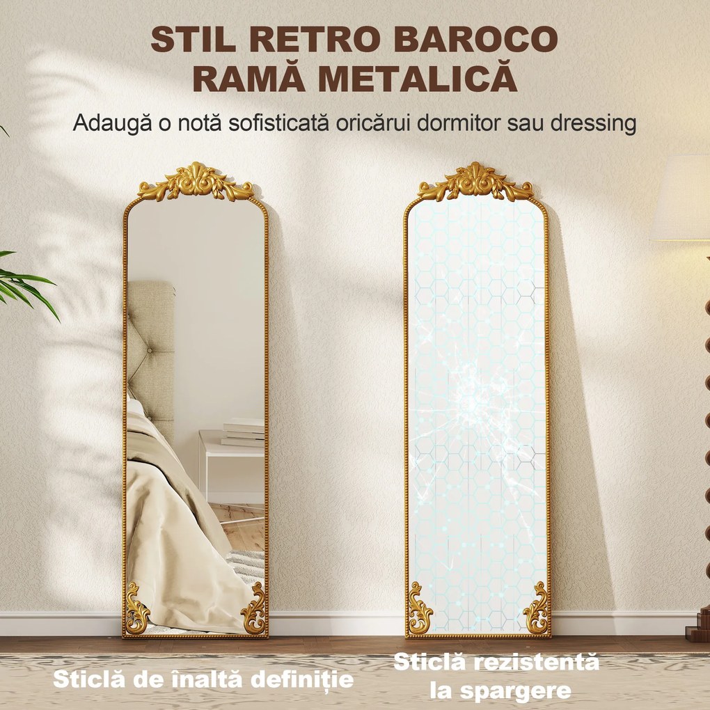 HOMCOM Oglindă de Podea Stil Baroc, 50x160 cm Oglindă de Perete și Autoportantă cu Ramă Metalică, pentru Dormitor, Living și Hol, Auriu | Aosom Romania