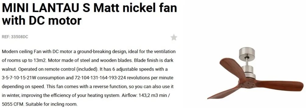 Ventilator de tavan cu telecomanda MINI LANTAU S nickel/lemn nuc