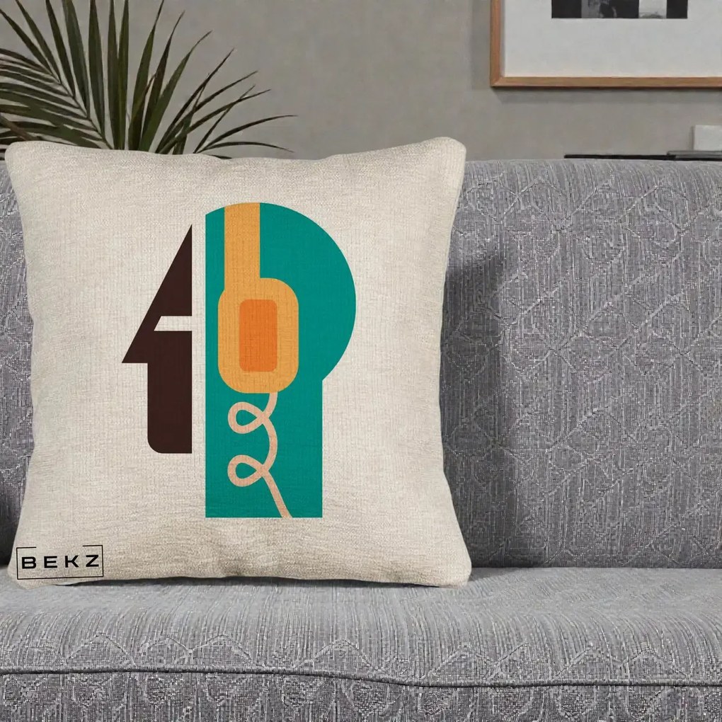 Perna Personalizata Retro Casti Muzicale, 40x40 cm, Bej Canapea, Husa Detasabila, Perna Inclusa, BEKZ®
