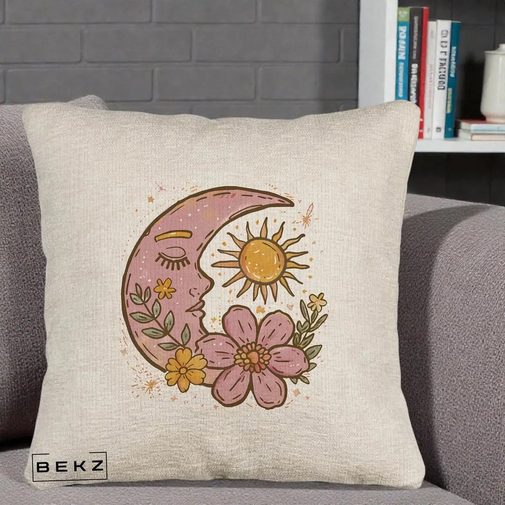 Perna Personalizata Luna si Soare Floral Boho, 40x40 cm, Bej Canapea, Husa Detasabila, Perna Inclusa, BEKZ®
