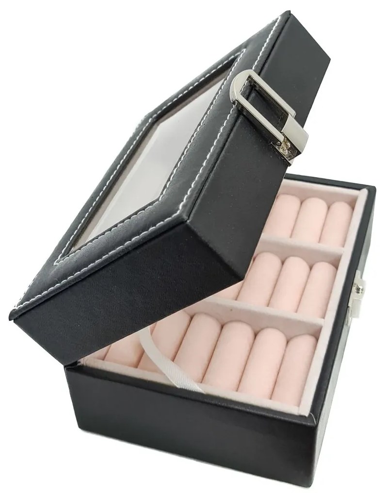 Caseta pentru Bijuterii, Inele  Cercei  Butoni, piele ecologica, Negru, 15.5X11X8 CM