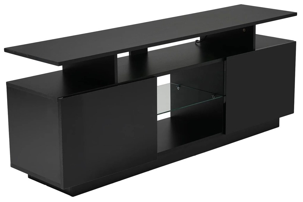 Mobilier TV modern cu iluminare LED în 16 culori, panou frontal lucios, raft din sticlă, 140×35×55 cm, Negru