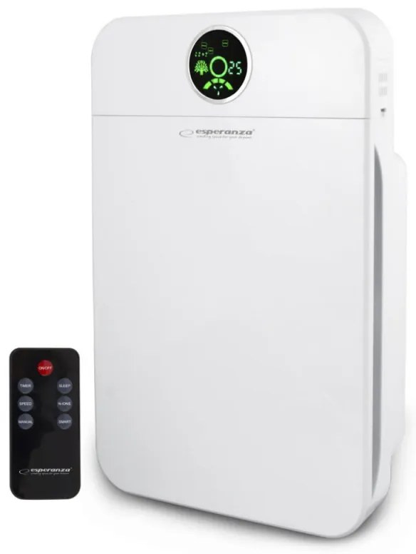 Purificator de aer Esperanza EHP002, Pana la 50 m², CADR 150 m³/h, Filtru HEPA/Carbon activ, Ionizare, Display LCD, Timer, Telecomanda, Alb