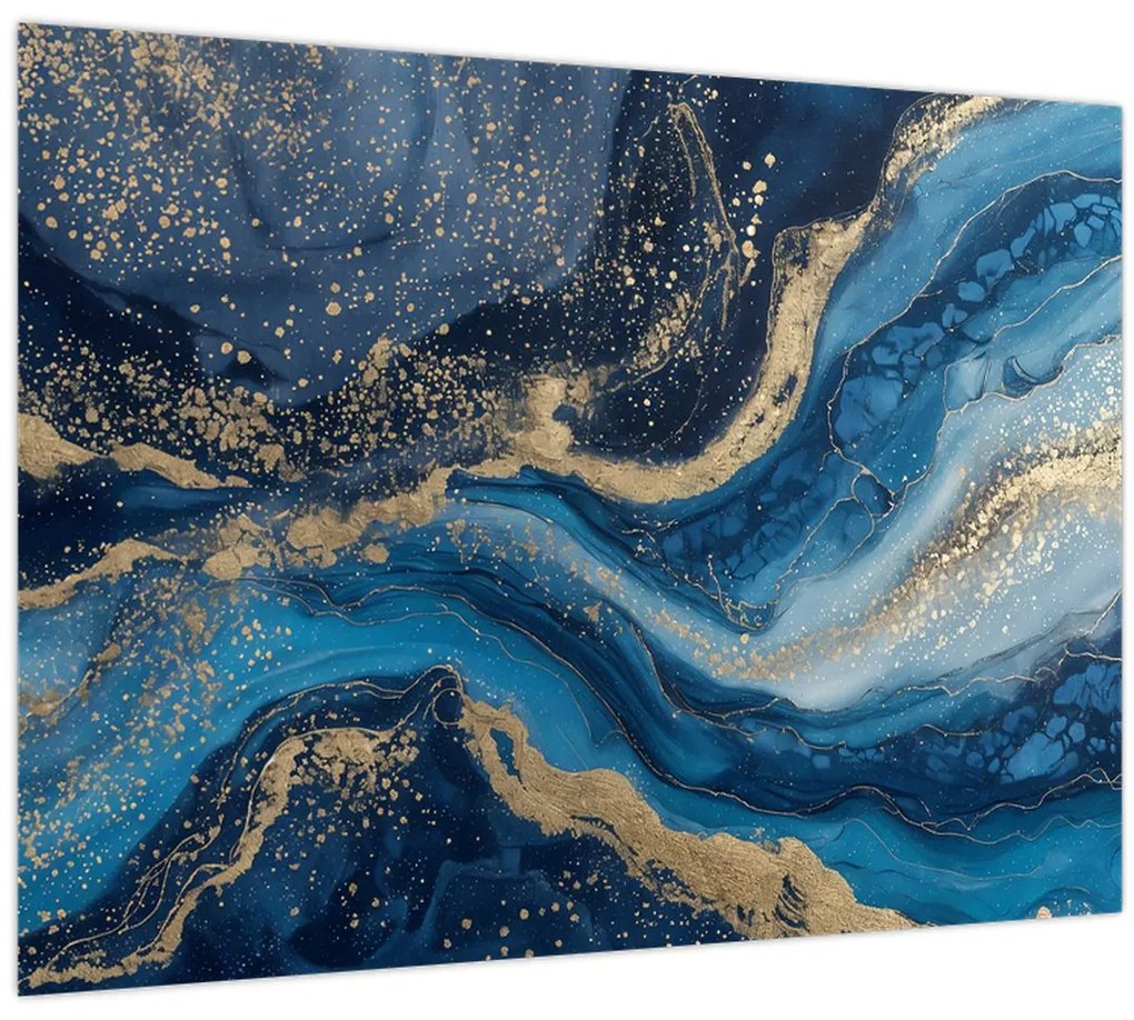 Tablou pe sticlă - Marmură abstractă albastru-aurie (70x50 cm)