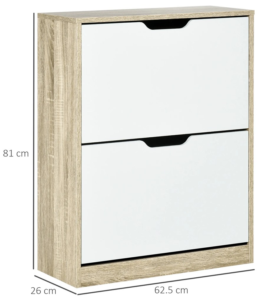 HOMCOM Dulap pantofi cu 2 Sertare Rabatabile, 8 Perechi, cu un Dispozitiv Anti-Răsturnare, Design Compact, 62,5x26x81 cm, Natural | Aosom Romania