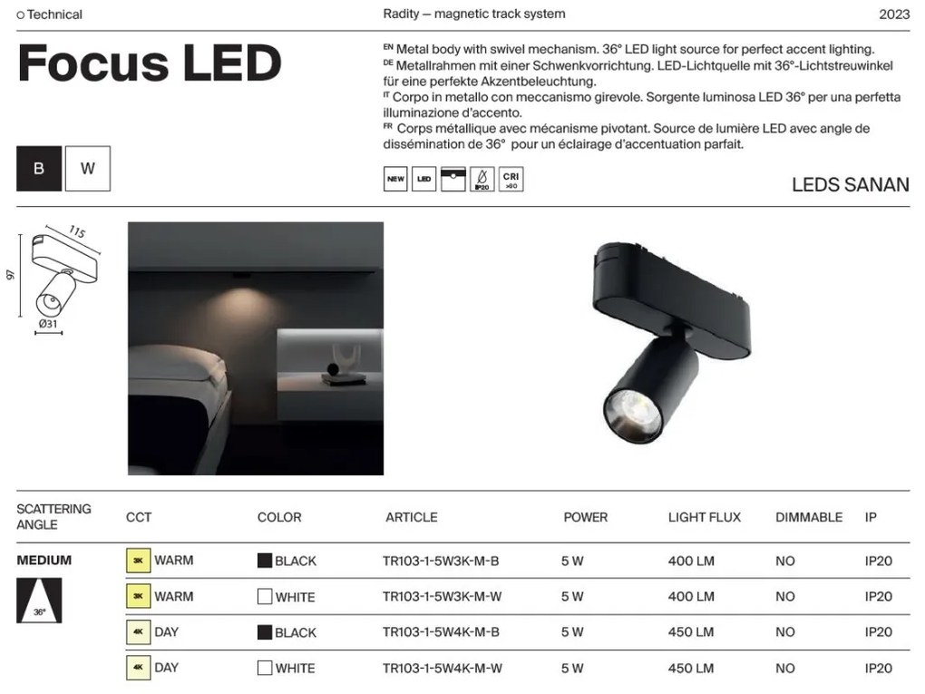 Spot LED, accesoriu pentru sina magnetica Radity, Focus alb 5W 3000K