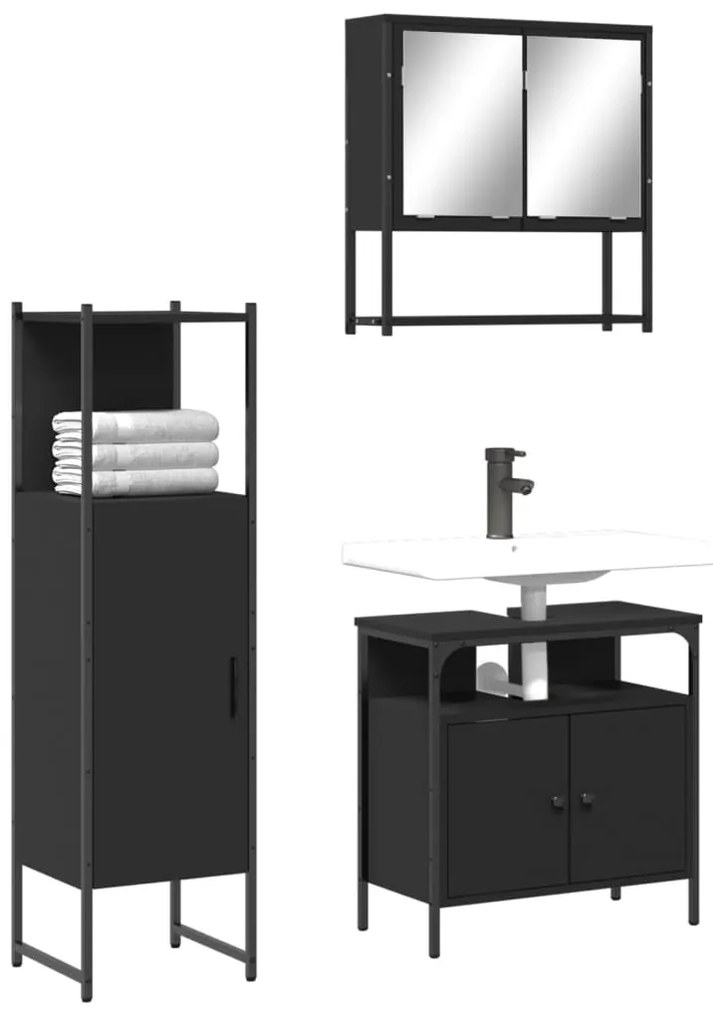 3214695 vidaXL Set mobilier de baie, 3 piese, negru, lemn compozit
