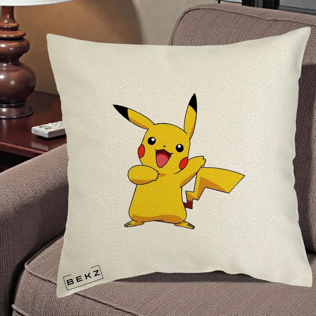 Perna Personalizata Pikachu Fericit, 40x40 cm, Ecru, Husa Detasabila, Perna Inclusa, BEKZ®