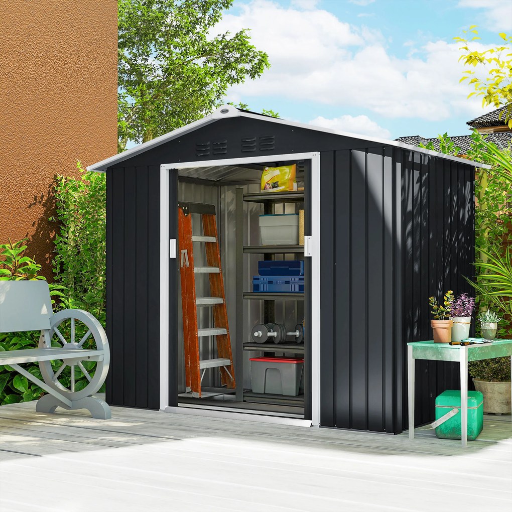 Outsunny Magazie de grădină metalică 2,77 m², 213 x 130 x 185 cm cu fundație, uși culisante, gri închis | Aosom Romania