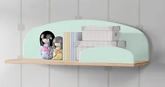 Set KIDDY în verde mentă format dintr-un Pat copii (90x200), noptieră, 2 rafturi de perete (45 și 65 cm) și o cutie de jucării.