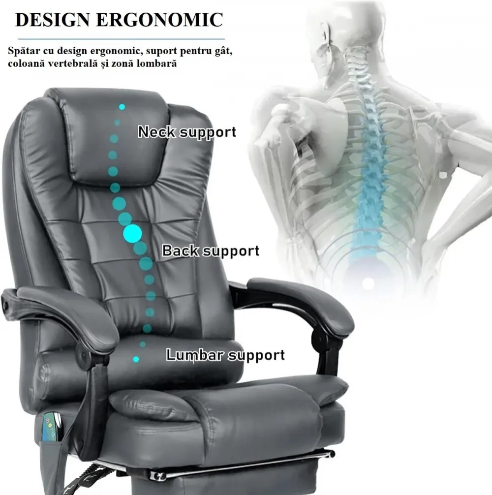 RESIGILAT- Scaun directorial cu Masaj, functie sezlong, suport picioare, SIB 075M, piele ecologica, Gri